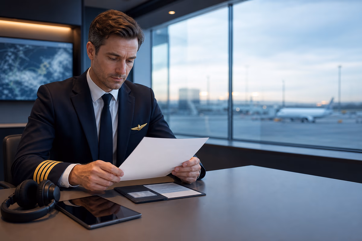 Pilota che controlla certificato linguistico e licenza dopo l’esame ICAO