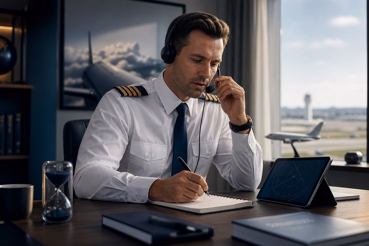 Pilota che segue una routine quotidiana di ascolto e parlato in inglese aeronautico
