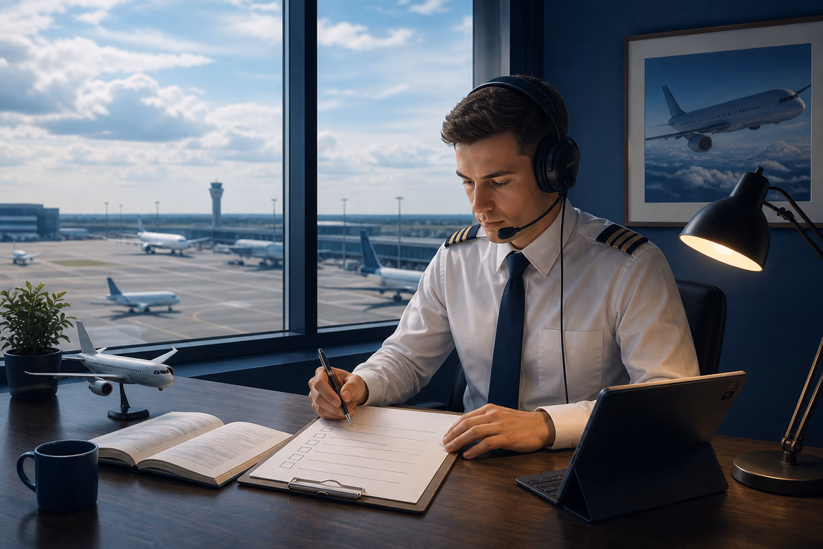 Pilota che organizza ascolto, conversazione e preparazione all’esame ICAO