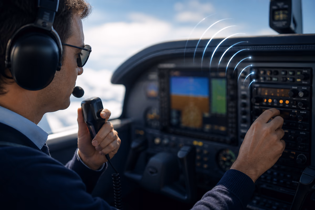 Pilota durante un readback di frequenze e numeri in cabina di pilotaggio