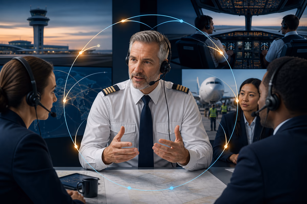 Pilota esperto comunica con diversi professionisti dell’aviazione