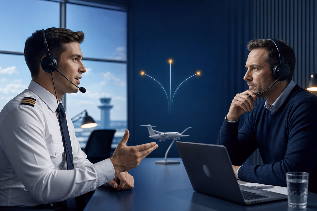 Candidato e valutatore durante la preparazione a un esame linguistico aeronautico