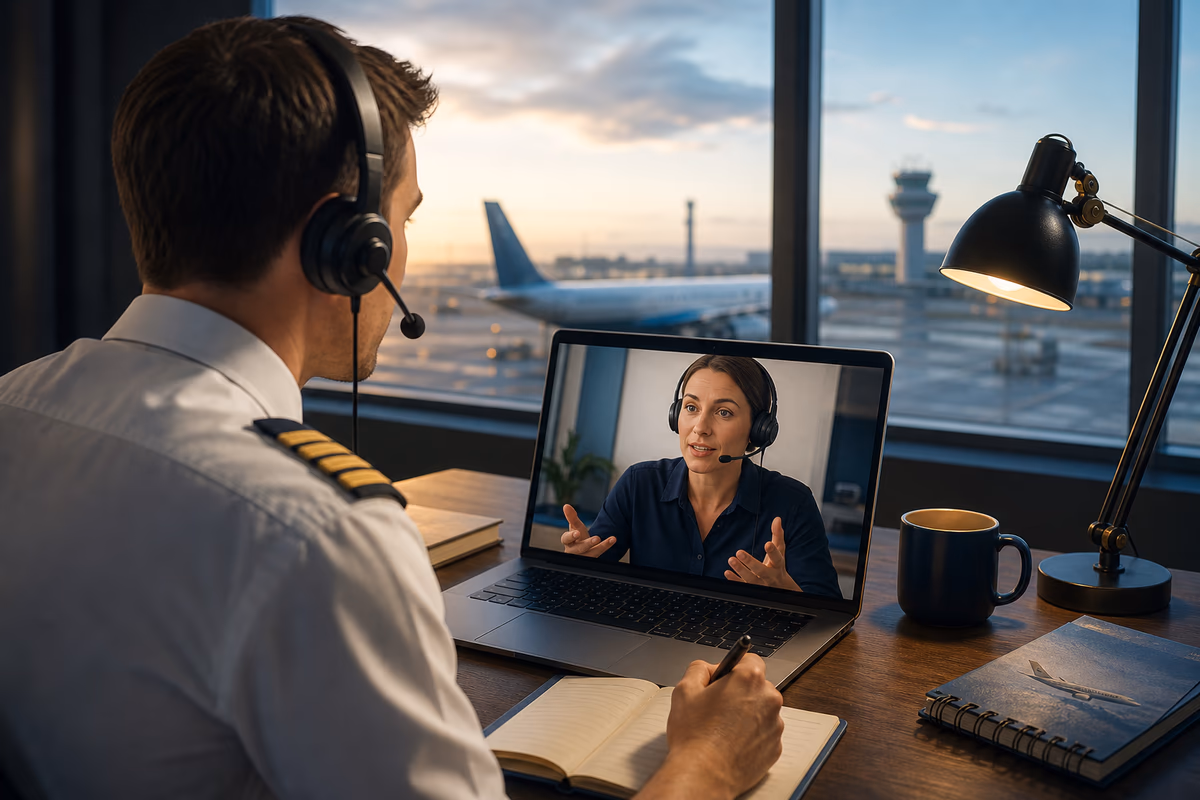 Pilota durante una lezione individuale online di inglese aeronautico