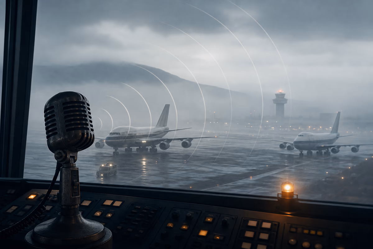 Pista immersa nella nebbia e microfono radio per ricordare il ruolo della comunicazione a Tenerife