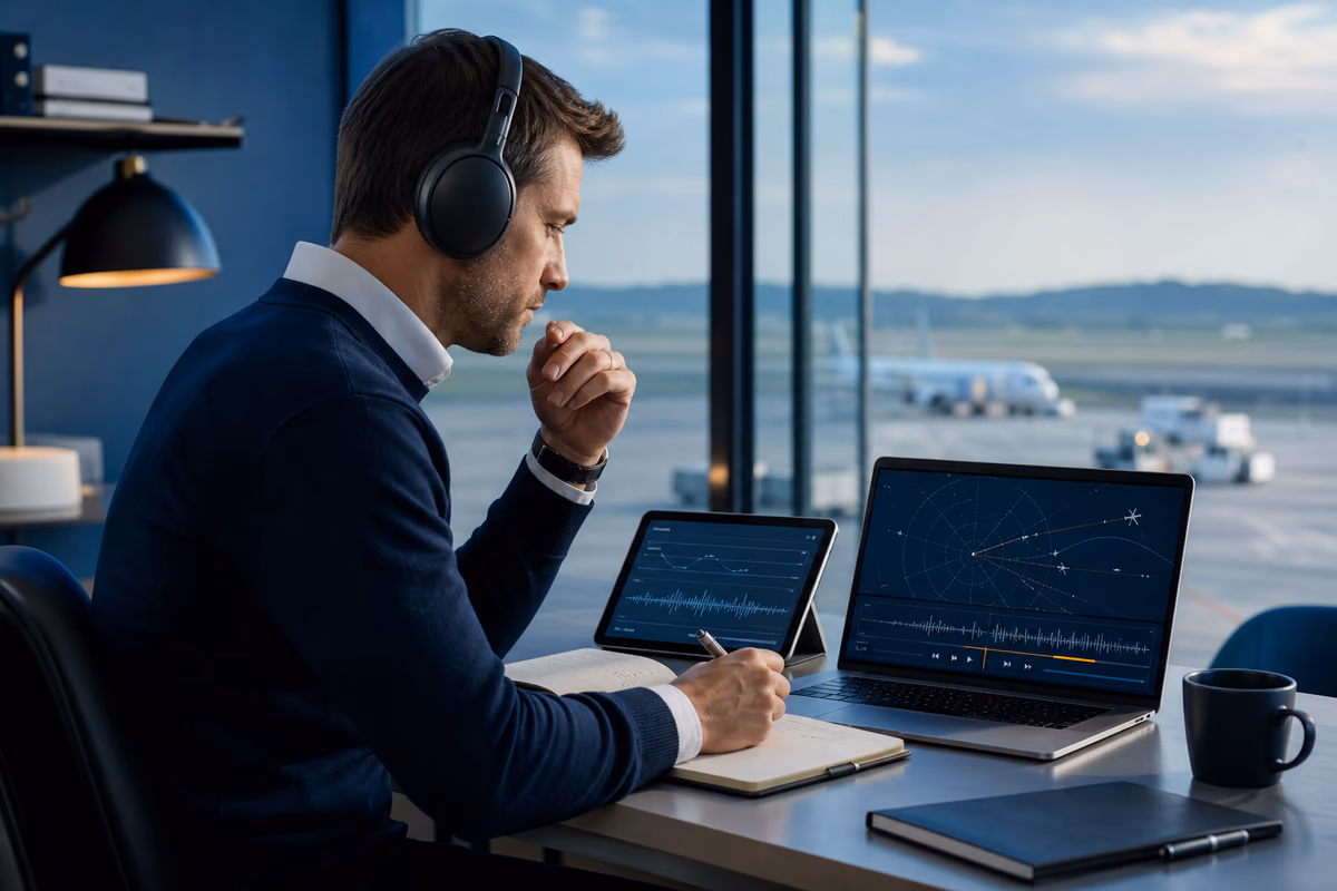 Pilota che allena l’ascolto aeronautico con audio ATC e contenuti video