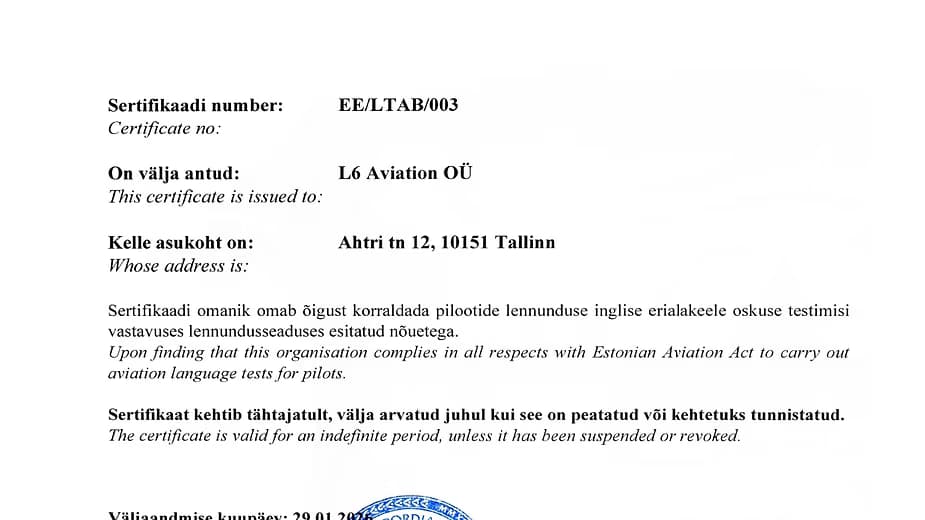 Certificado de aprovação da Level 6 Aviation Language Testing Body para avaliações de proficiência em inglês aeronáutico