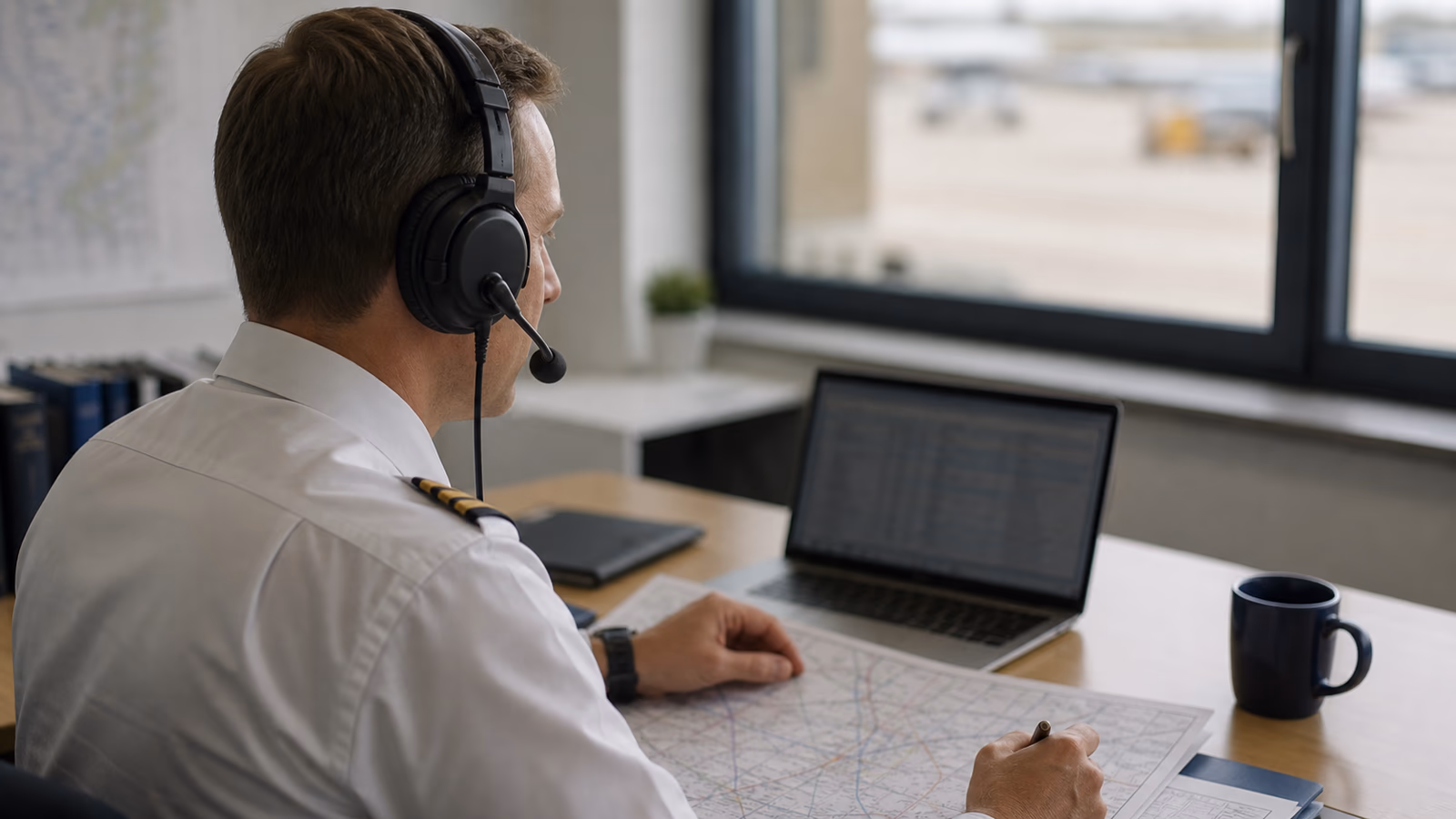 Pilote se préparant à un test de compétence en anglais aéronautique avec un casque et une carte de vol