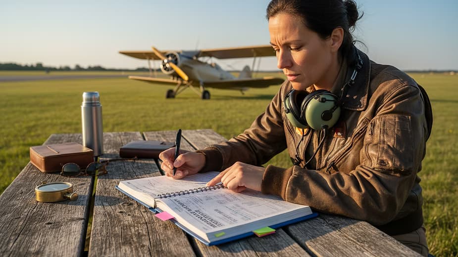 Pilot liest mit einem Stift in einem Luftfahrthandbuch
