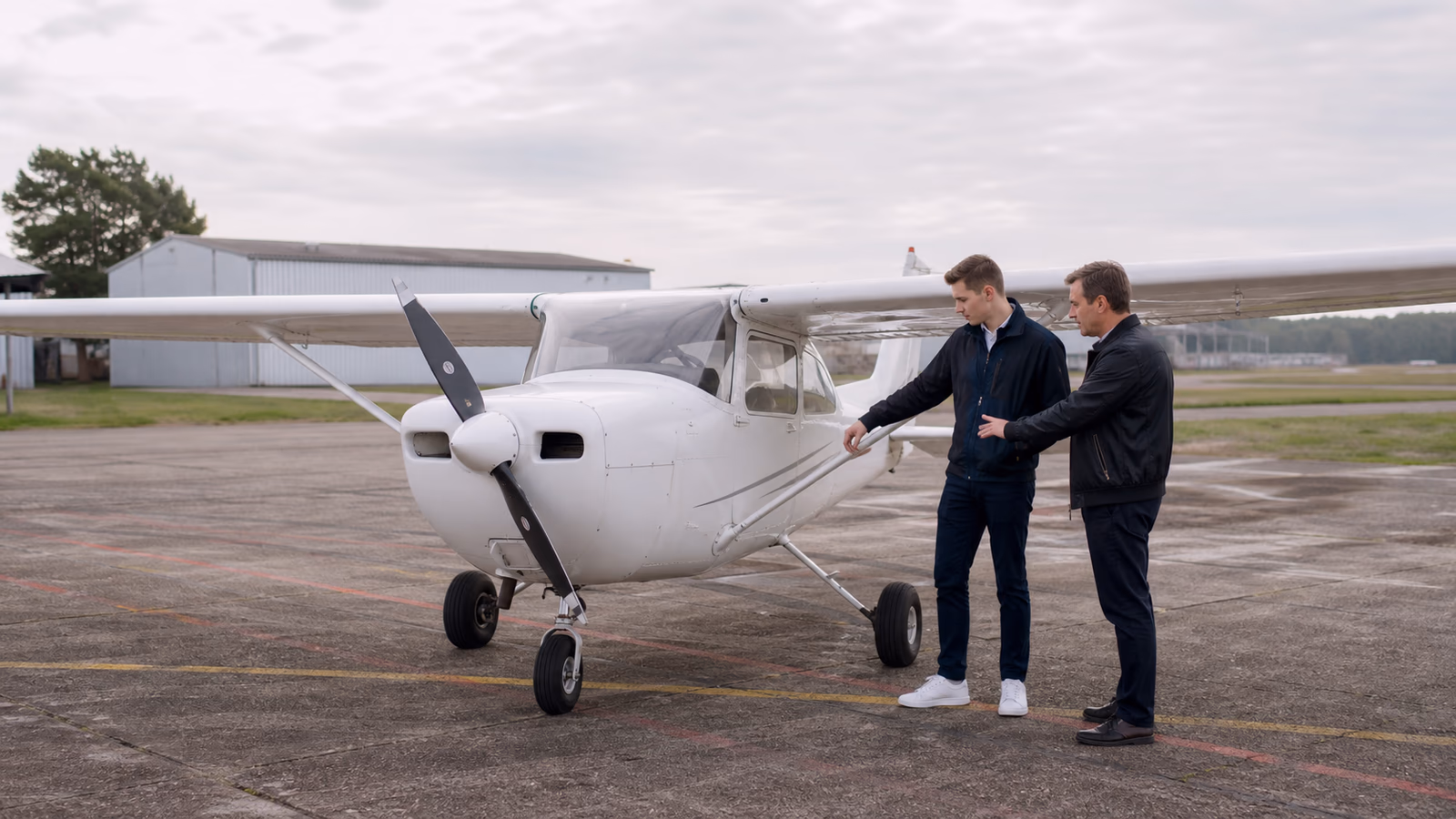 Flight instructor and prospective pilot inspecting a single-engine training aircraft