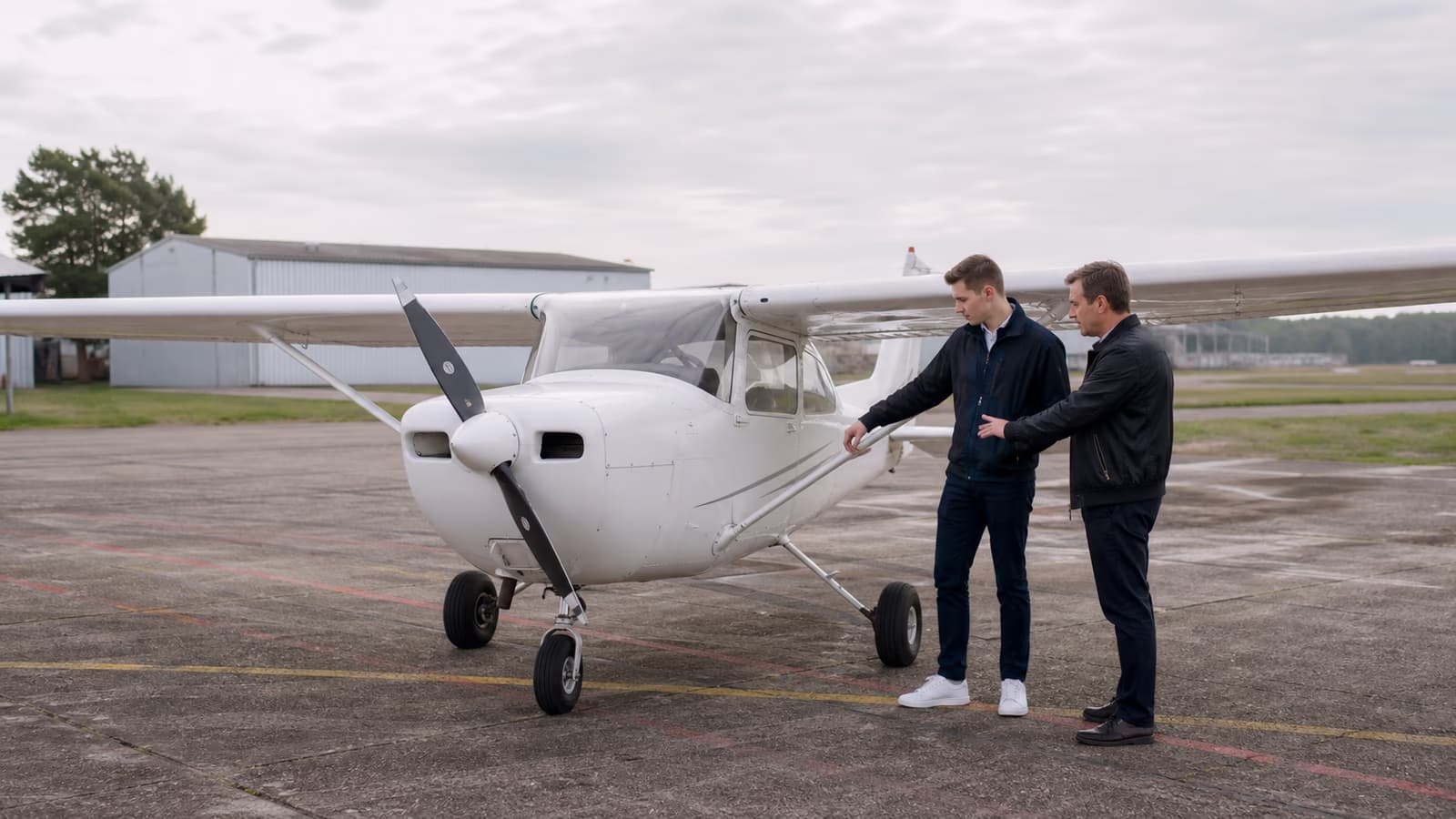 Instructeur de vol et futur pilote inspectant un avion d'entraînement monomoteur