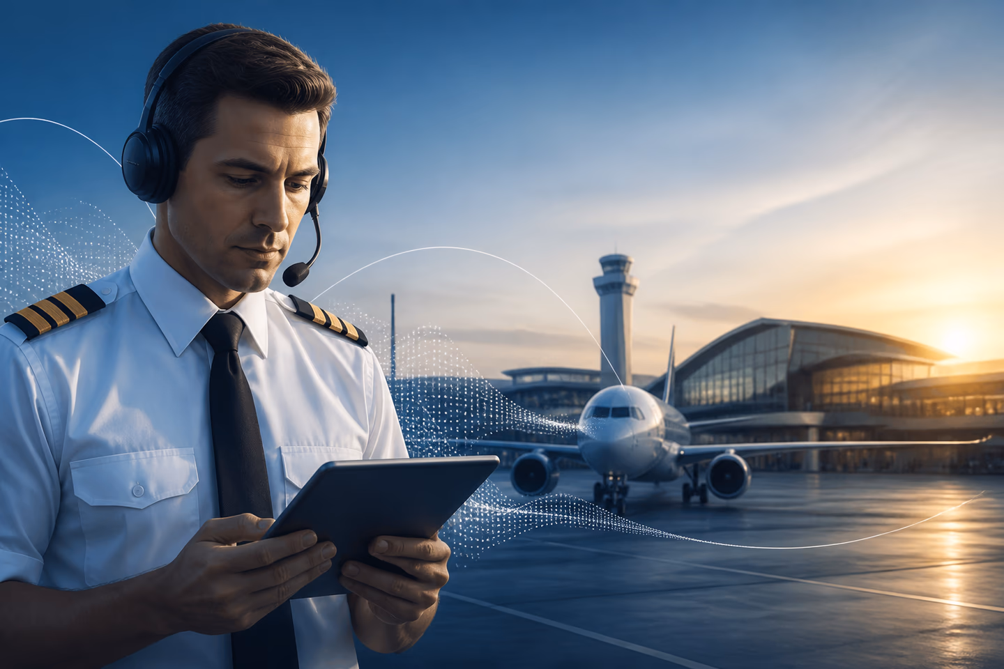 Pilot care folosește o tabletă într-un aeroport în timp ce exersează engleza aeronautică