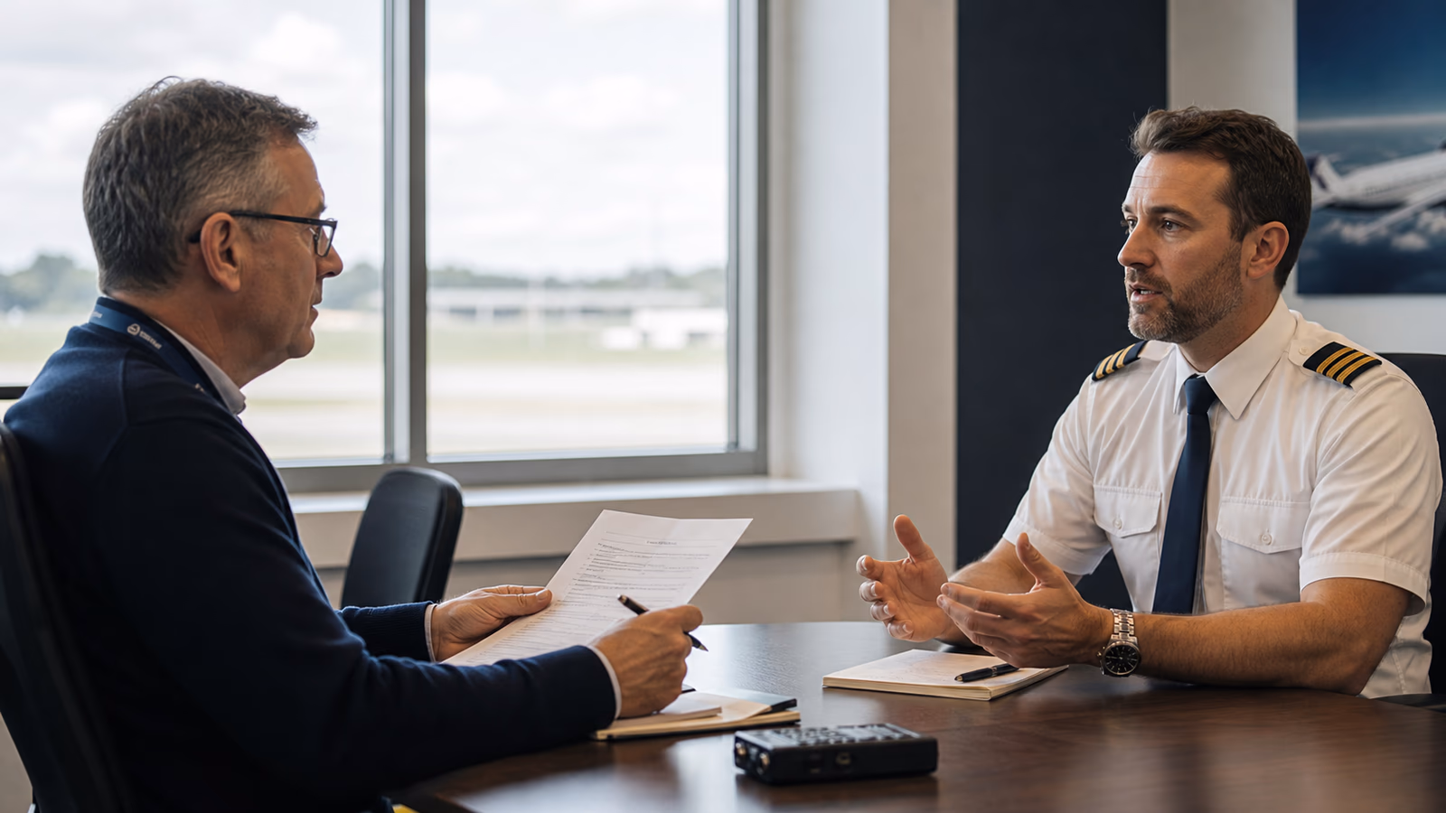 Examinateur d'anglais aéronautique évaluant un pilote dans une salle de formation professionnelle