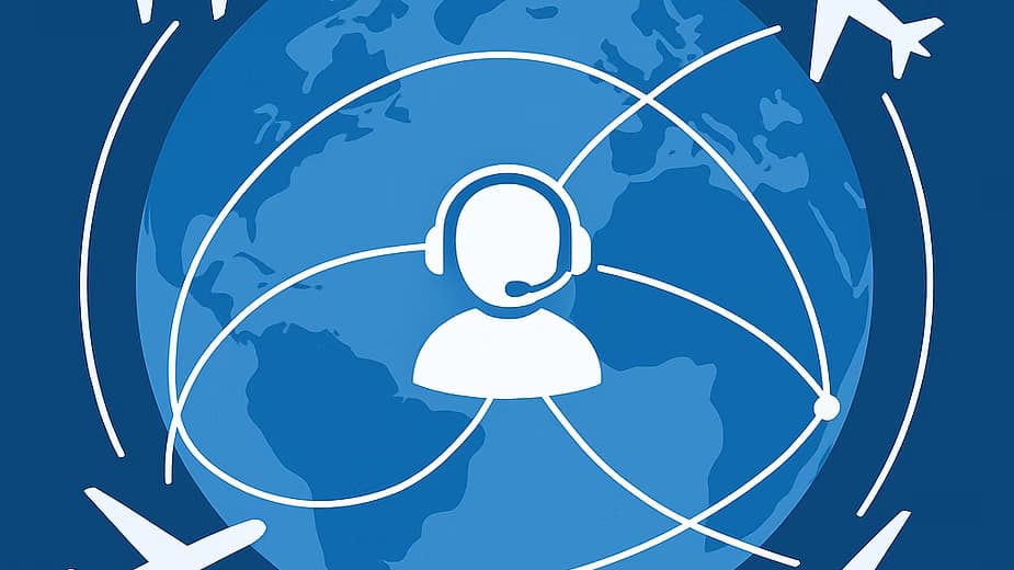 Illustration abstraite d'avions connectés autour d'un globe, représentant la communication aéronautique mondiale et la maîtrise linguistique de l'OACI.