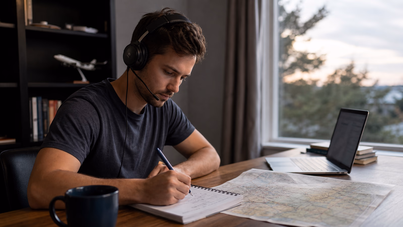 Pilot übt Luftfahrtenglisch selbstständig mit Headset, Flugkarte und Notizbuch