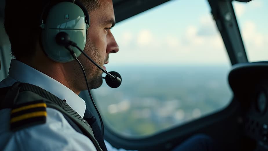 Detail pilota se sluchátky a mikrofonem při procvičování komunikace