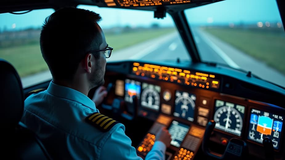 Pilot trainiert im Flugsimulator mit englischen Kommunikationsaufgaben