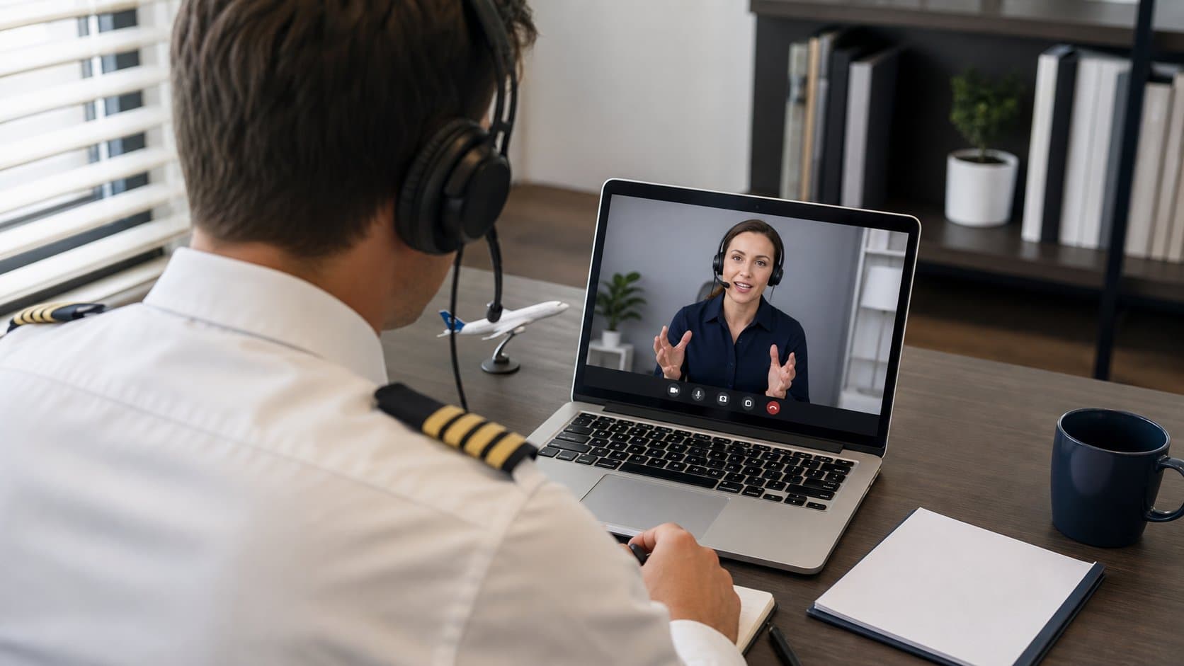 Pilotul care face o simulare online de examen cu un examinator