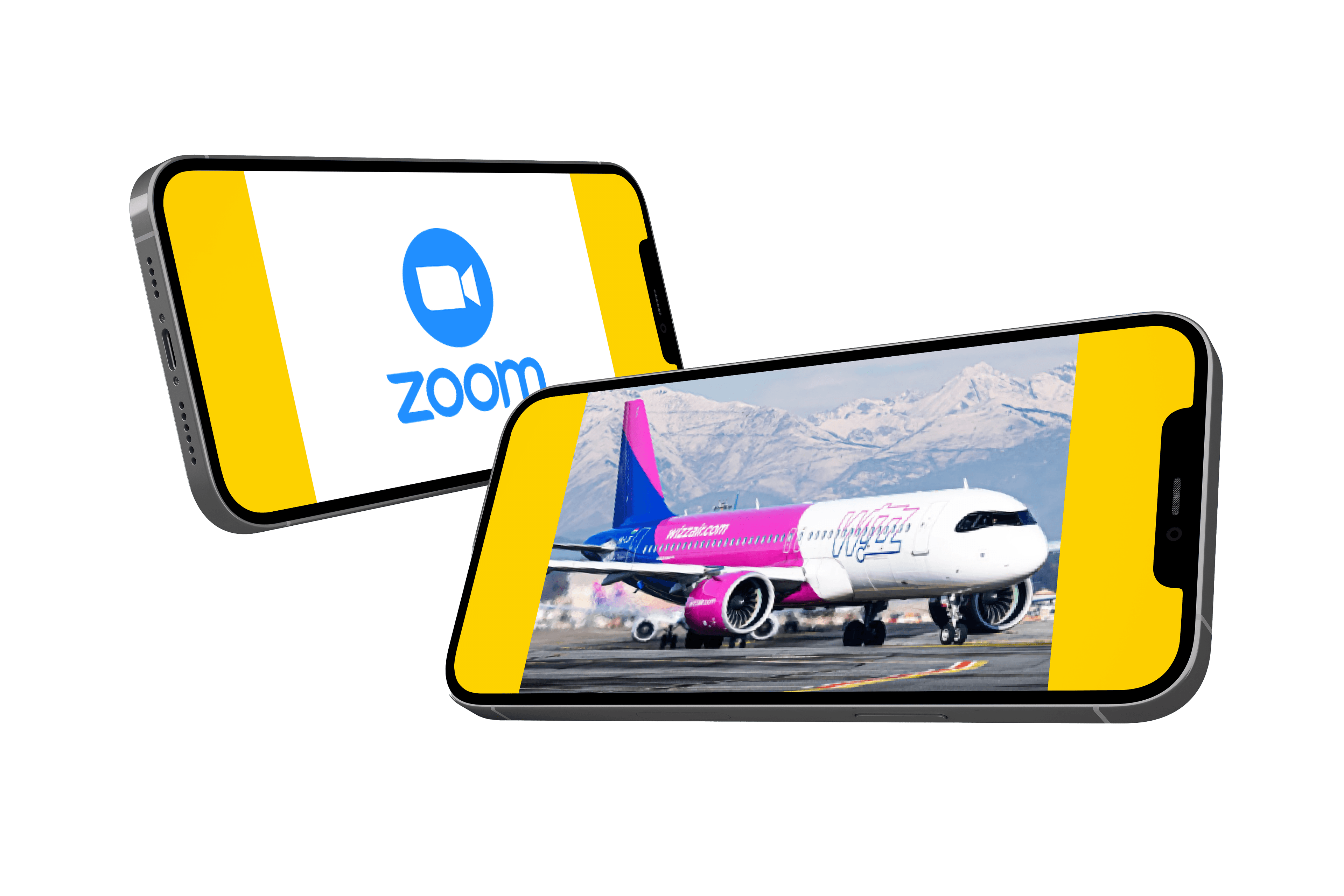 A phone showing a Zoom call and a second phone showing an aircraft